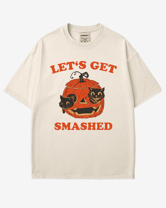 Let’s Get Smashed shirt in ivory – retro Halloween graphic tee with two black cats inside a carved pumpkin