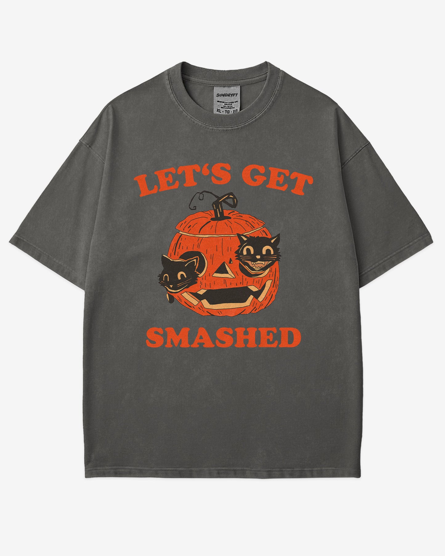 Let’s Get Smashed shirt in pepper – retro Halloween graphic tee with two black cats inside a carved pumpkin
