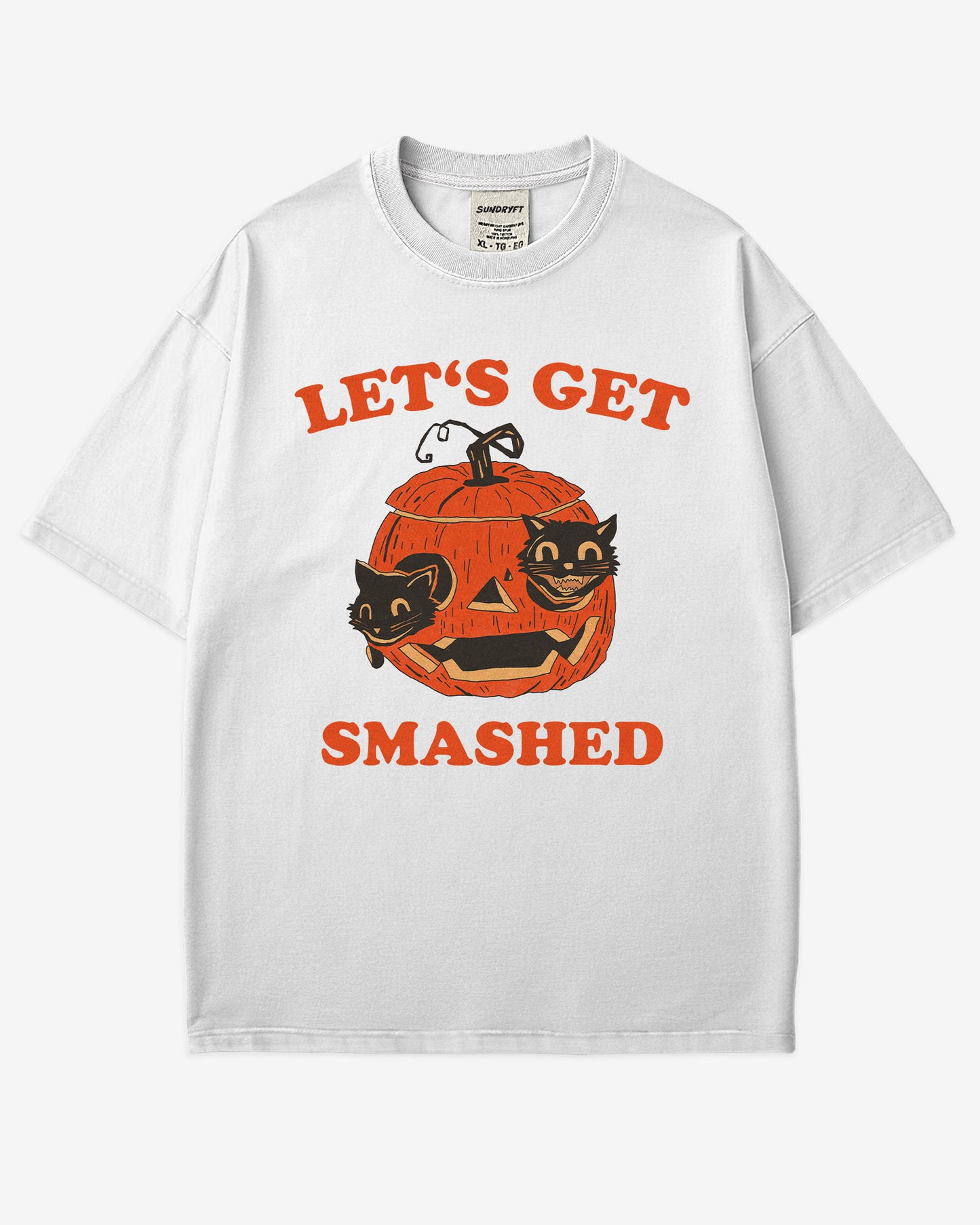 Let’s Get Smashed shirt in white – retro Halloween graphic tee with two black cats inside a carved pumpkin