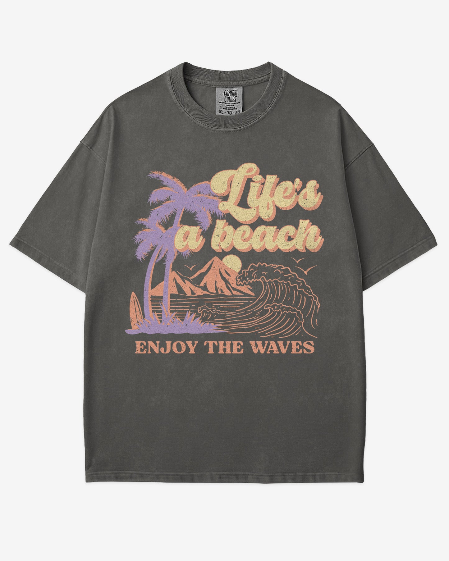 Life’s A Beach – Enjoy The Waves retro surf graphic t-shirt in pepper with beach and waves design.