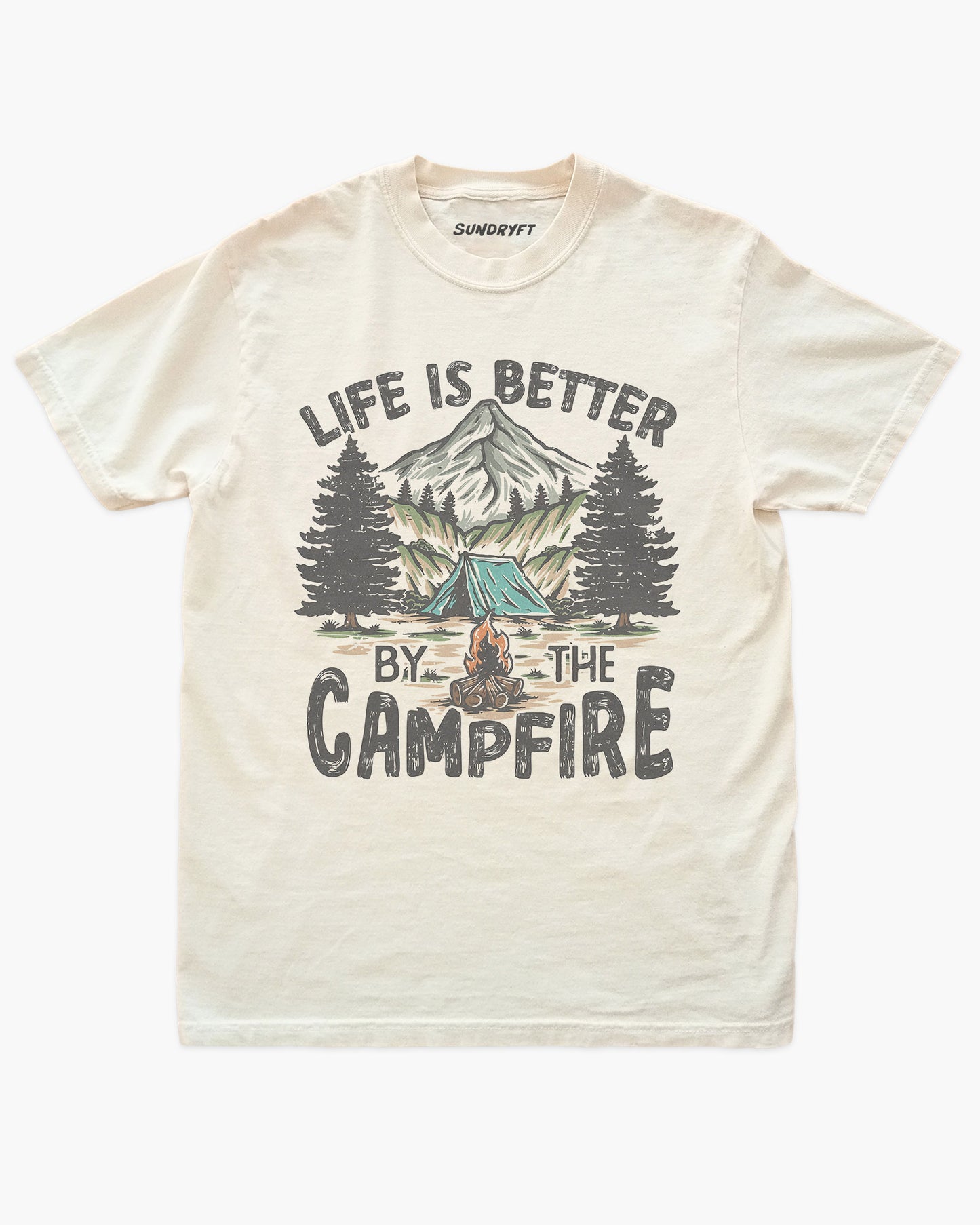 Life Is Better By The Campfire Shirt in Ivory with Mountain Camping Graphic