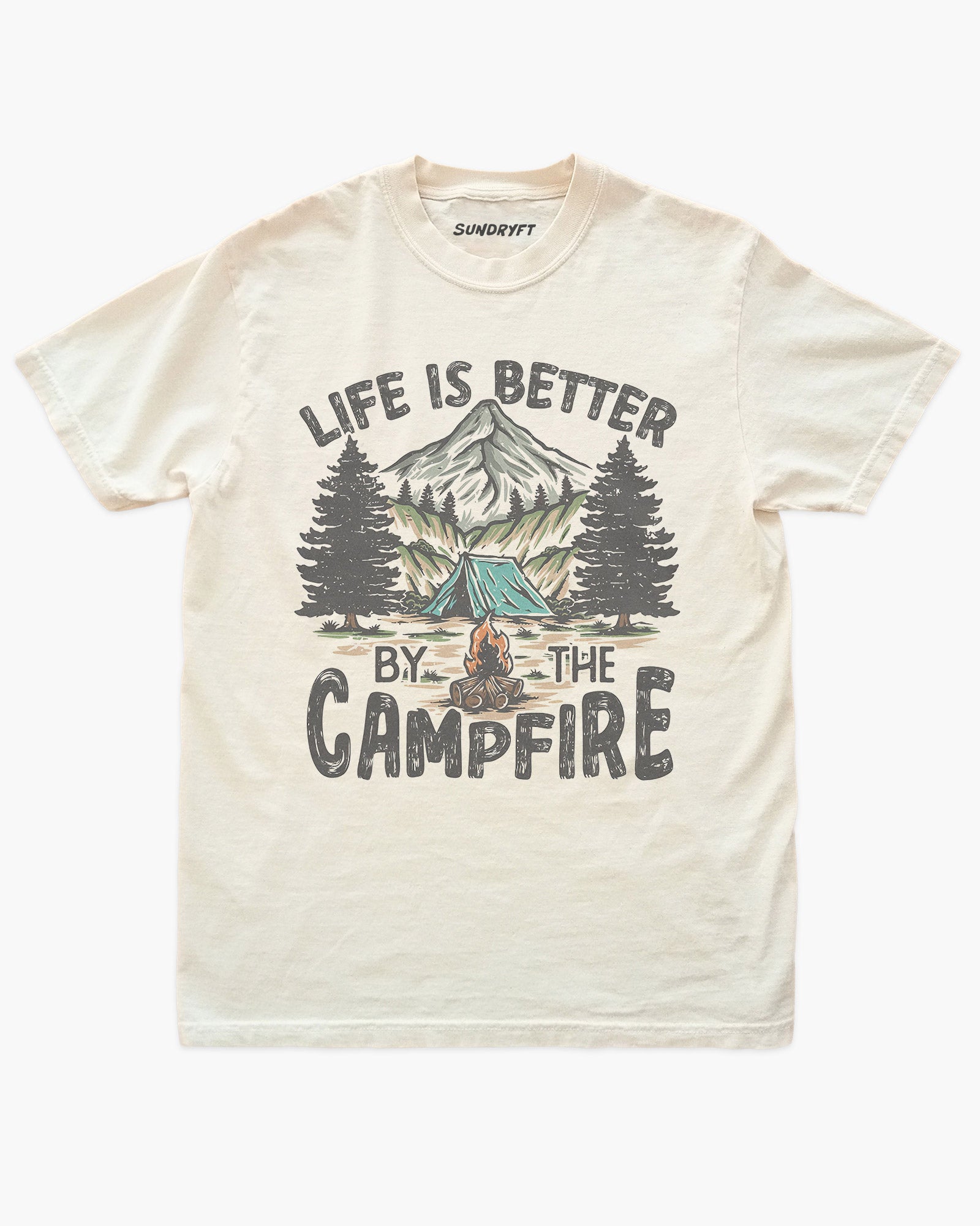 Life Is Better By The Campfire Shirt in Ivory with Mountain Camping Graphic