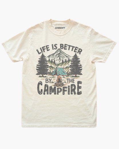 Life Is Better By The Campfire Shirt in Ivory with Mountain Camping Graphic