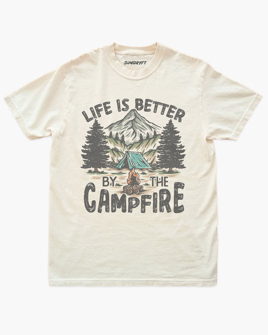 Life Is Better By The Campfire Shirt in Ivory with Mountain Camping Graphic
