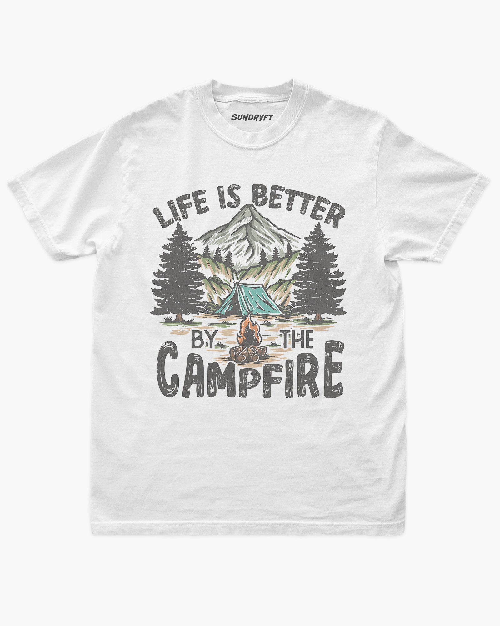 Life Is Better By The Campfire Shirt in white with Mountain Camping Graphic