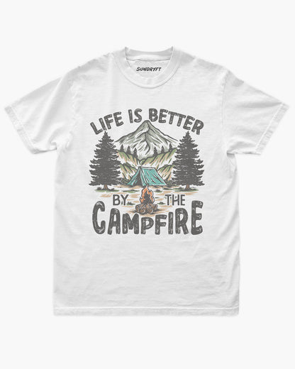Life Is Better By The Campfire Shirt in white with Mountain Camping Graphic