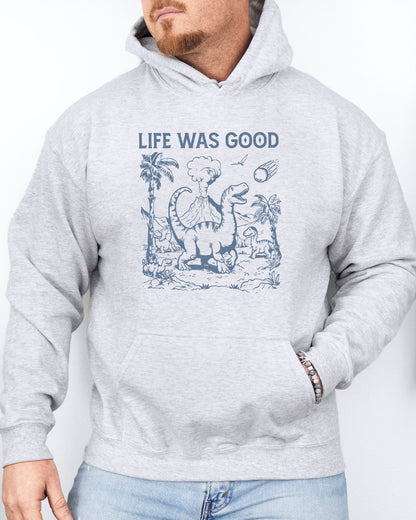 Man wearing an ash gray hoodie featuring a retro-style graphic of dinosaurs going extinct from an asteroid, with the text 'Life Was Good'.