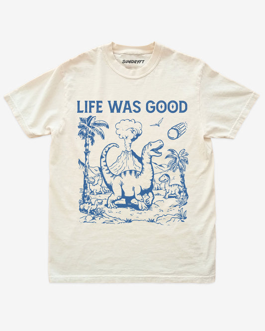 Life Was Good shirt in ivory with funny retro graphic of dinosaurs fleeing from asteroid