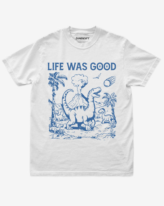 Life Was Good shirt in white with funny retro graphic of dinosaurs fleeing from asteroid