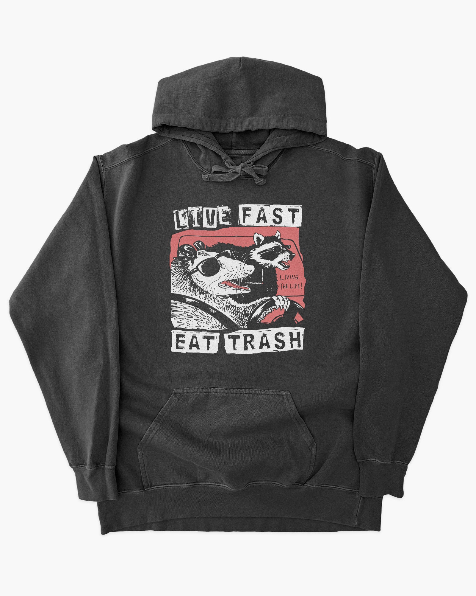 Live Fast Eat Trash hoodie in pepper with graphic of two raccoons driving a car