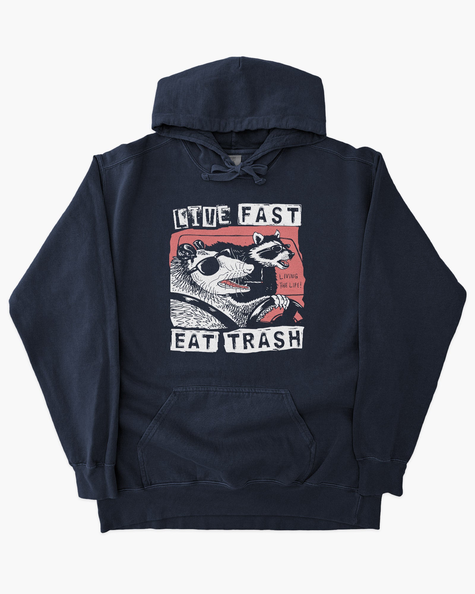 Live Fast Eat Trash hoodie in true navy with graphic of two raccoons driving a car