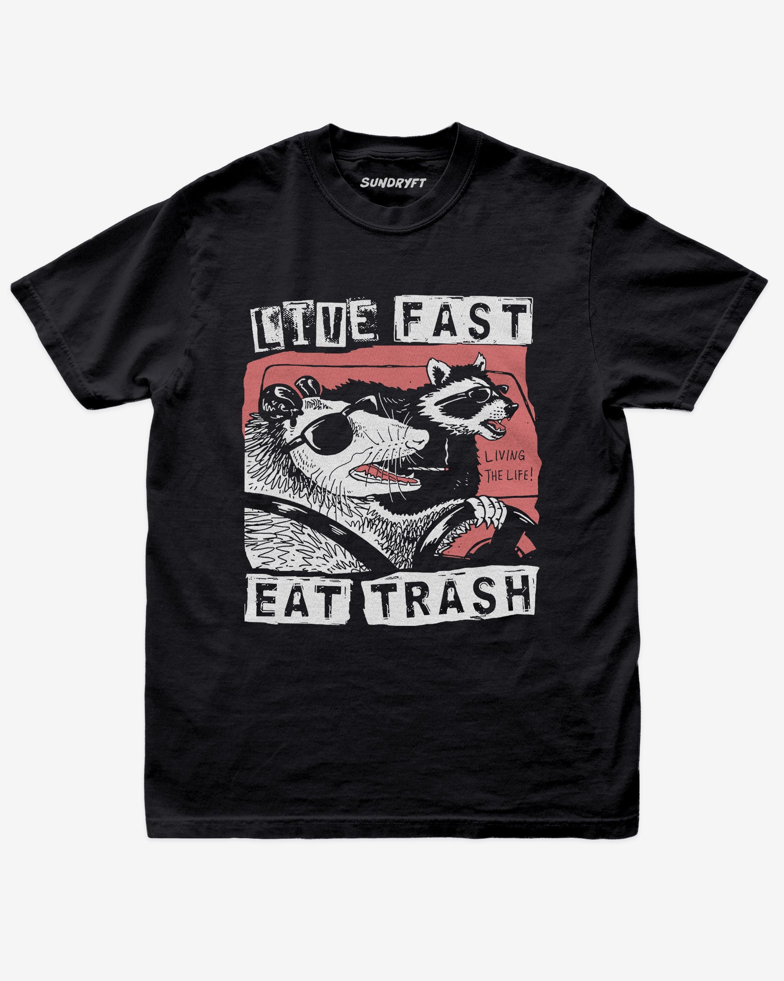 Live Fast Eat Trash shirt in black with funny graphic of raccoons driving
