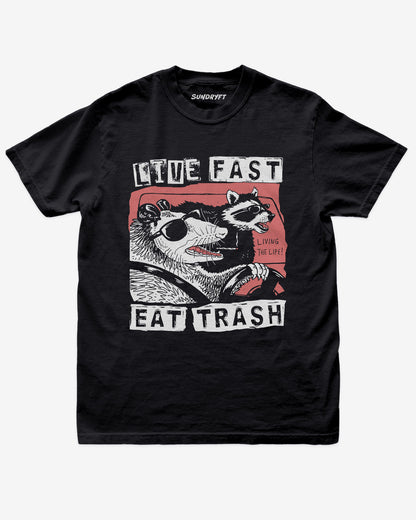 Live Fast Eat Trash shirt in black with funny graphic of raccoons driving