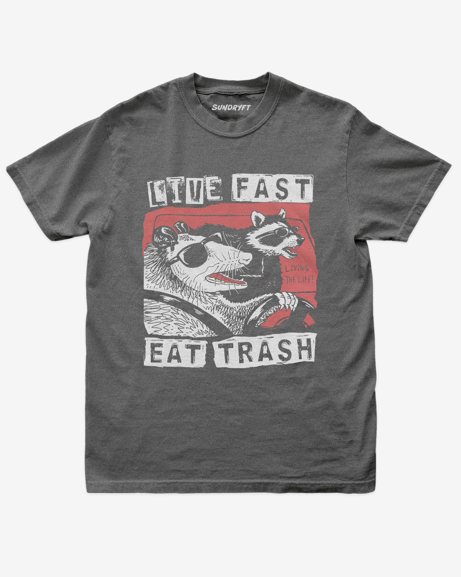 Live Fast Eat Trash shirt in pepper with funny graphic of raccoons driving