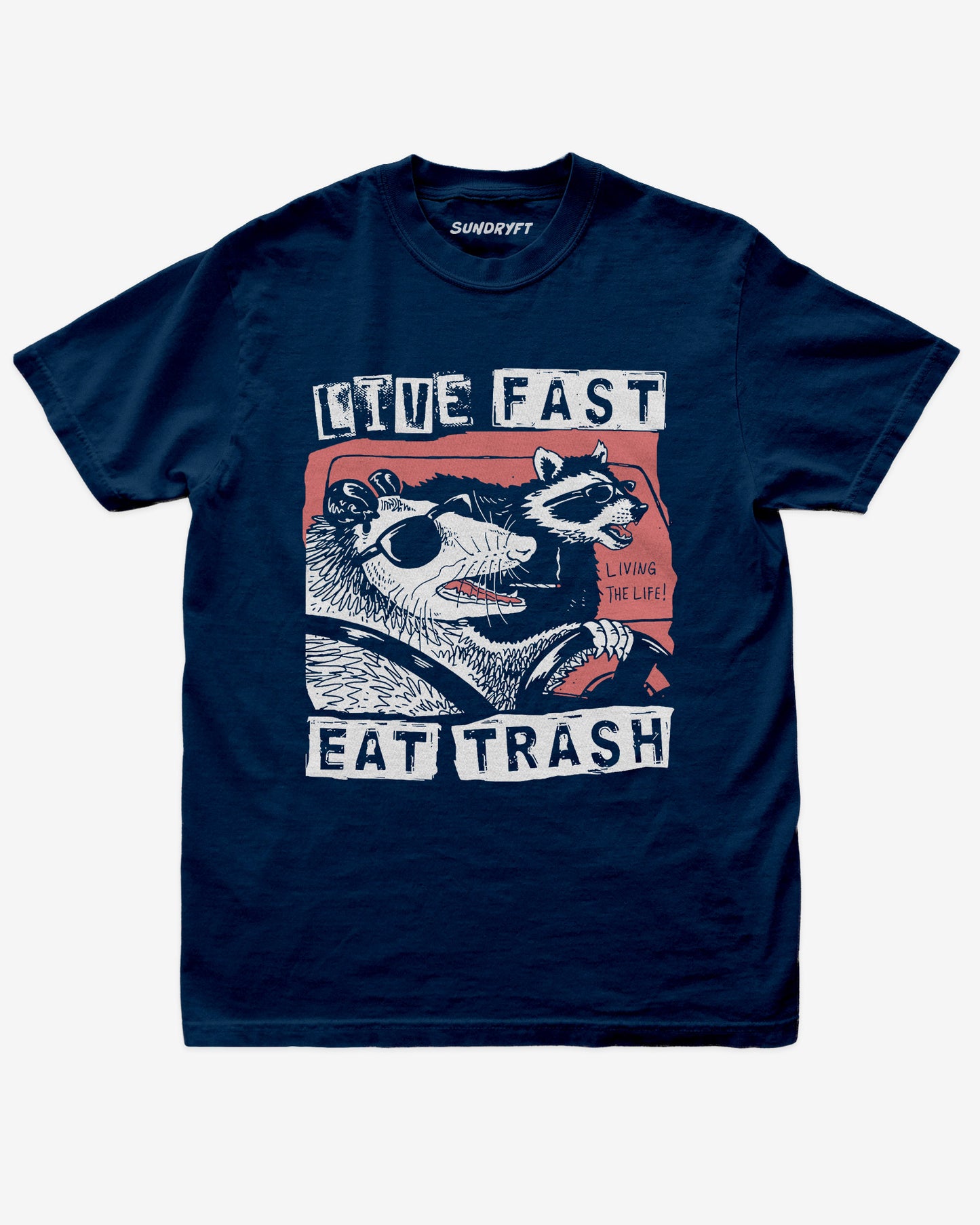 Live Fast Eat Trash shirt in navy with funny graphic of raccoons driving
