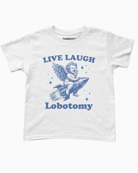 Flat lay white baby tee with text "Live Laugh Lobotomy" and funny retro graphic of angel riding a rocket