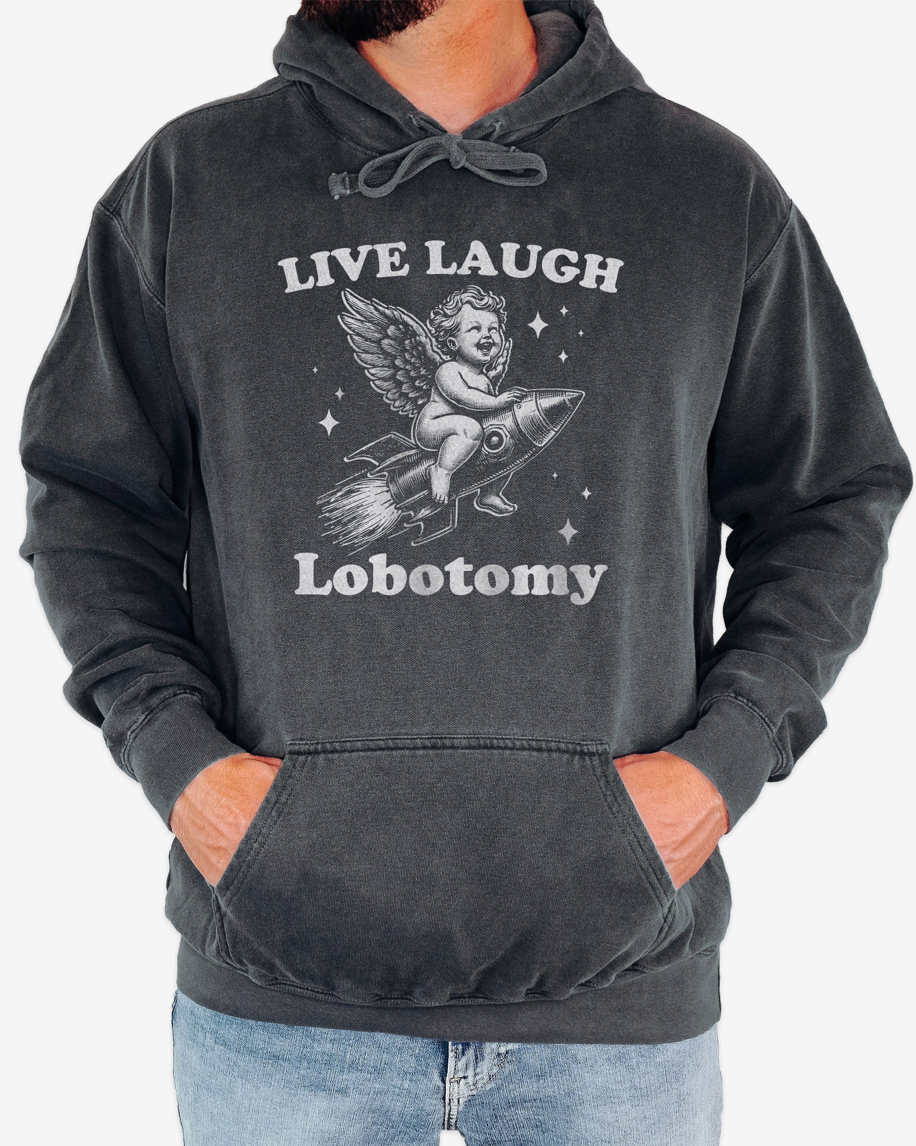 Man  wearing pepper 'Live Laugh Lobotomy' hoodies with funny retro graphic of armor flying on a rocket.