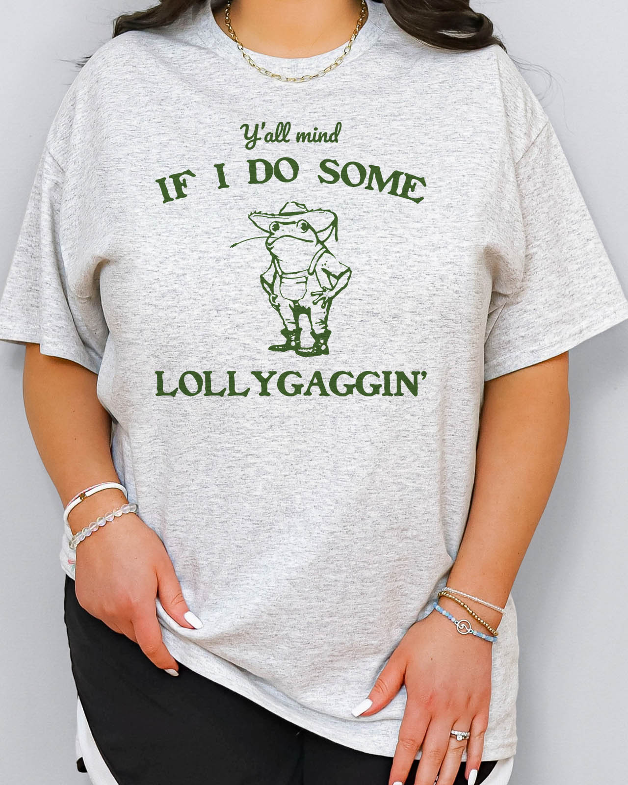 Y'all mind if I do some lollygagging Shirt in ash grey color with a retro cowboy frog graphic