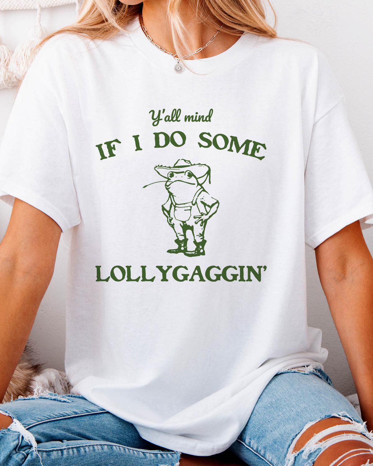 Y'all mind if I do some lollygagging Shirt in white color with a retro cowboy frog graphic