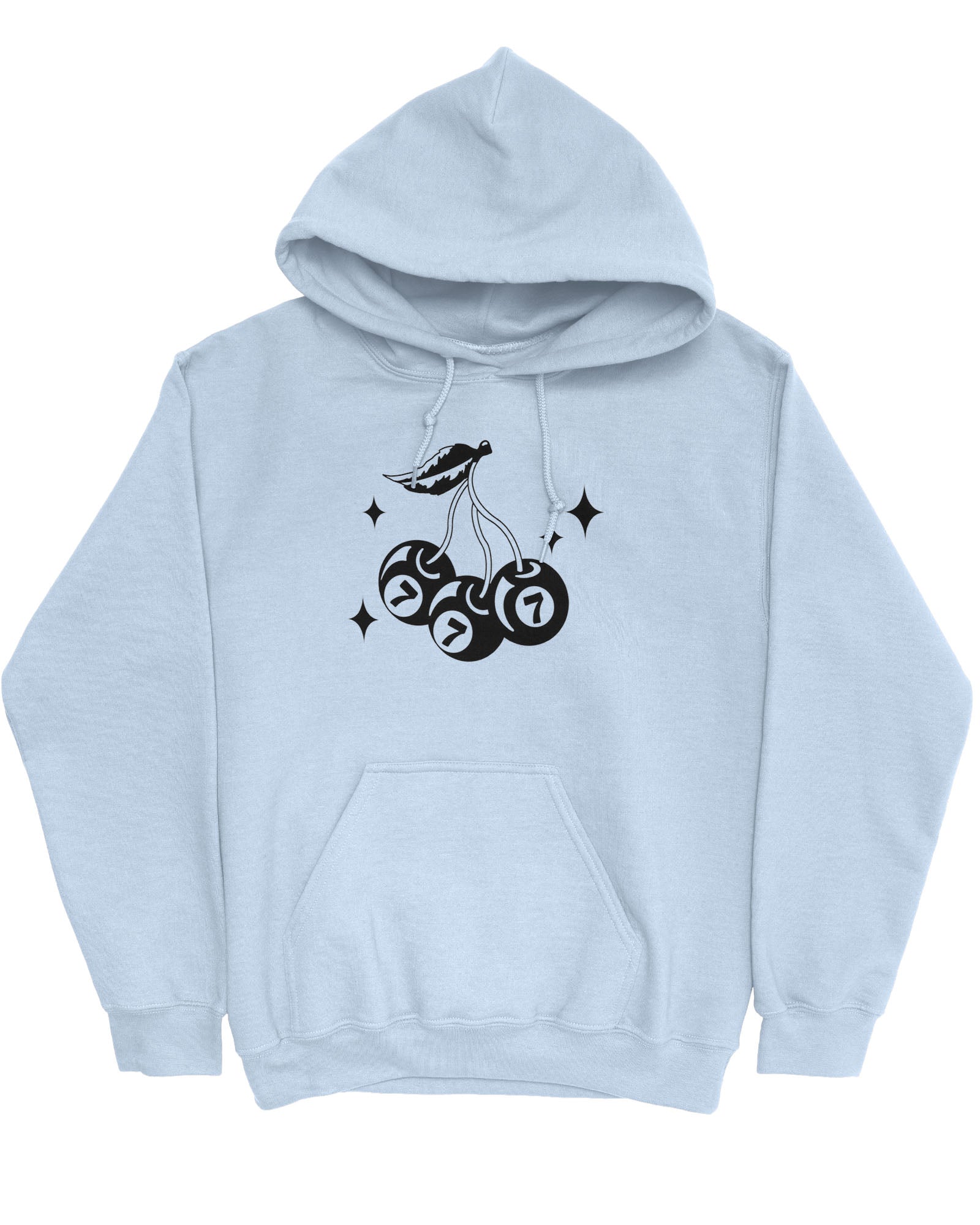 Flat lay light blue hoodie featuring a retro lucky 7 eightball cherries graphic.