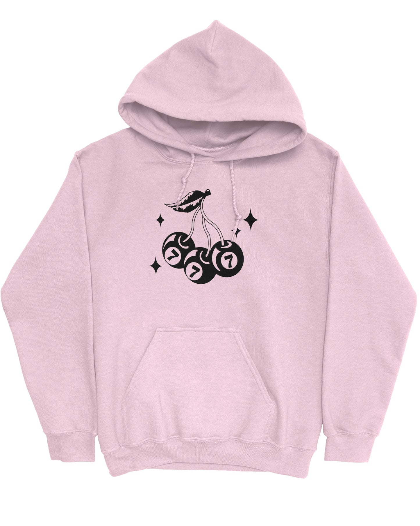Flat lay light pink hoodie featuring a retro lucky 7 eightball cherries graphic.