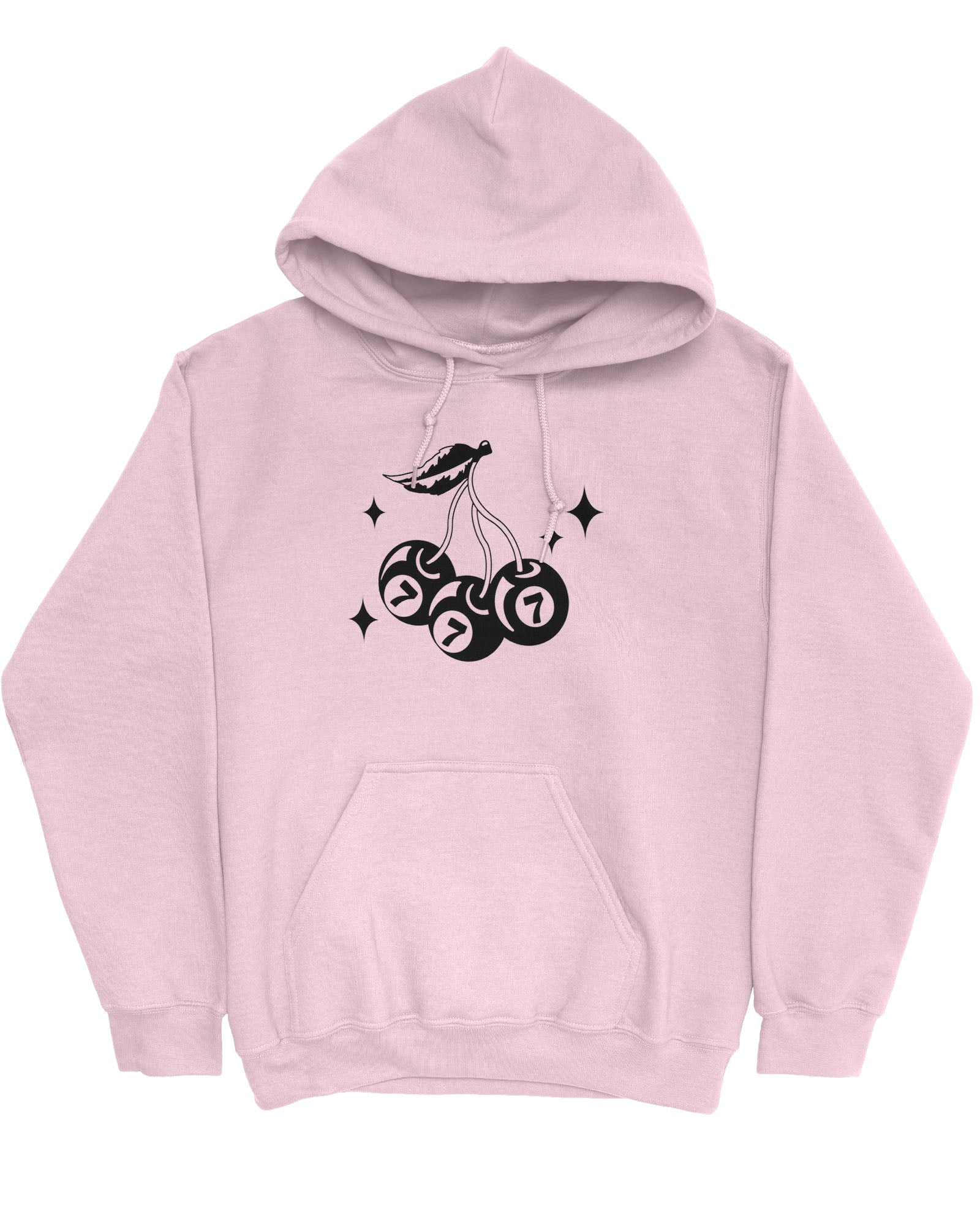 Flat lay light pink hoodie featuring a retro lucky 7 eightball cherries graphic.