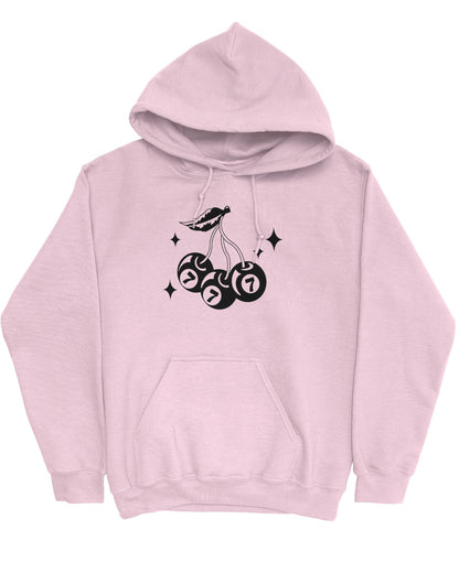 Flat lay light pink hoodie featuring a retro lucky 7 eightball cherries graphic.