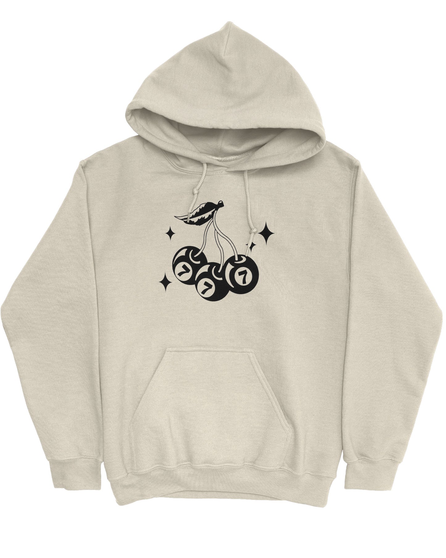 Flat lay sand beige hoodie featuring a retro lucky 7 eightball cherries graphic.