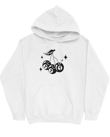 Flat lay white hoodie featuring a retro lucky 7 eightball cherries graphic.