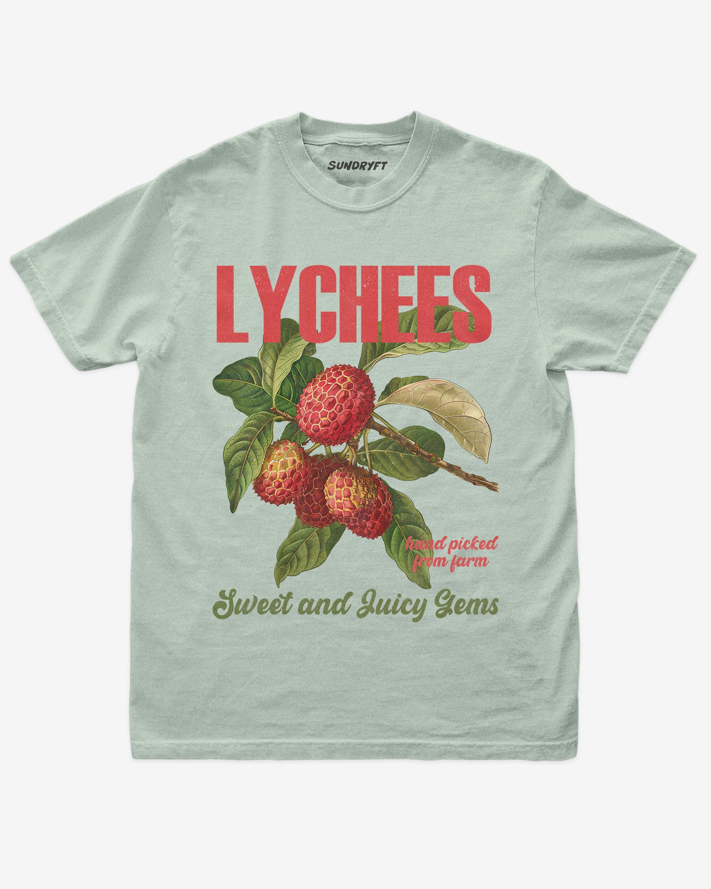 Flat lay of bay Lychees Fruit Shirt, retro 90s vintage fruit graphic tee with sweet and juicy lychee design
