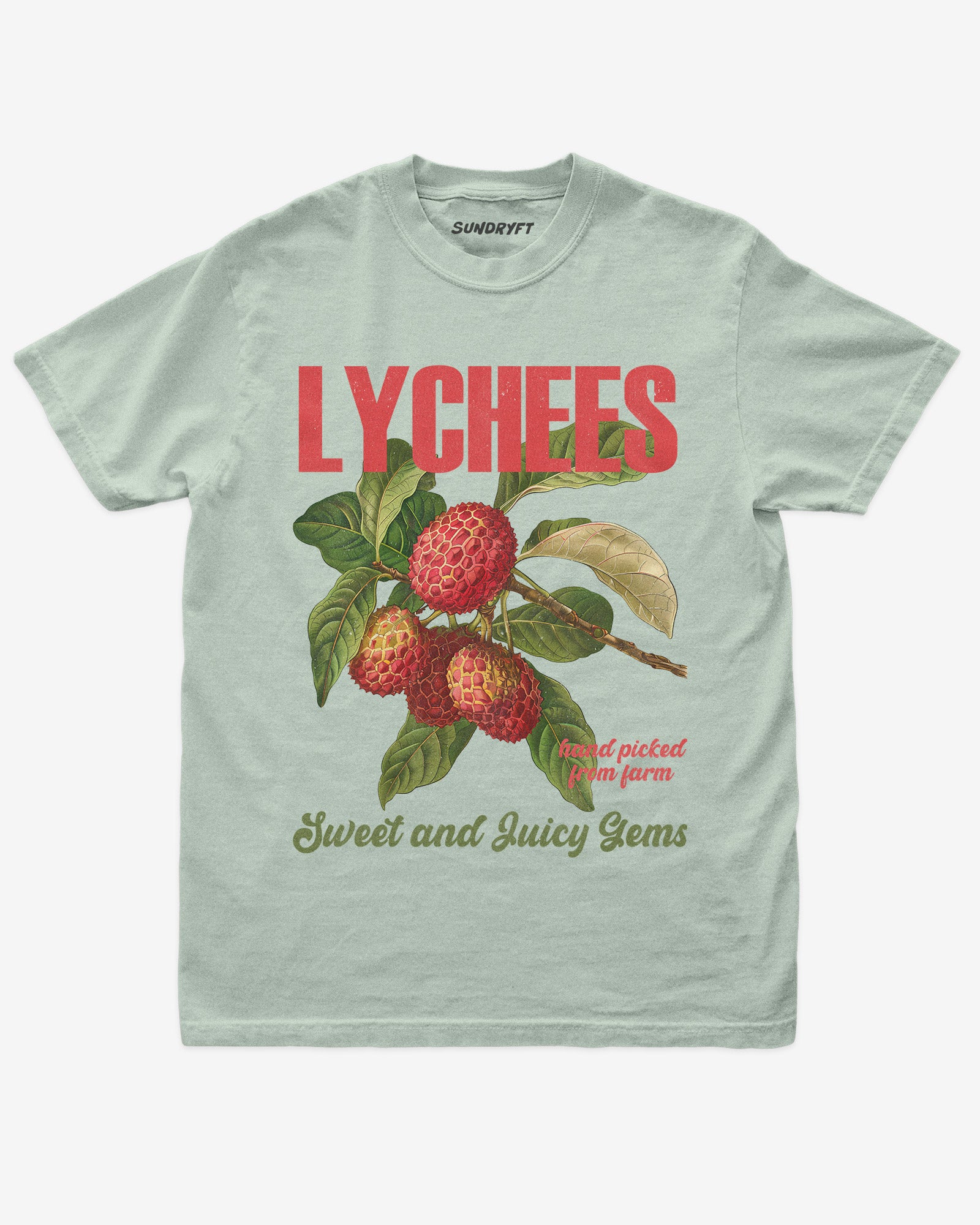 Flat lay of bay Lychees Fruit Shirt, retro 90s vintage fruit graphic tee with sweet and juicy lychee design
