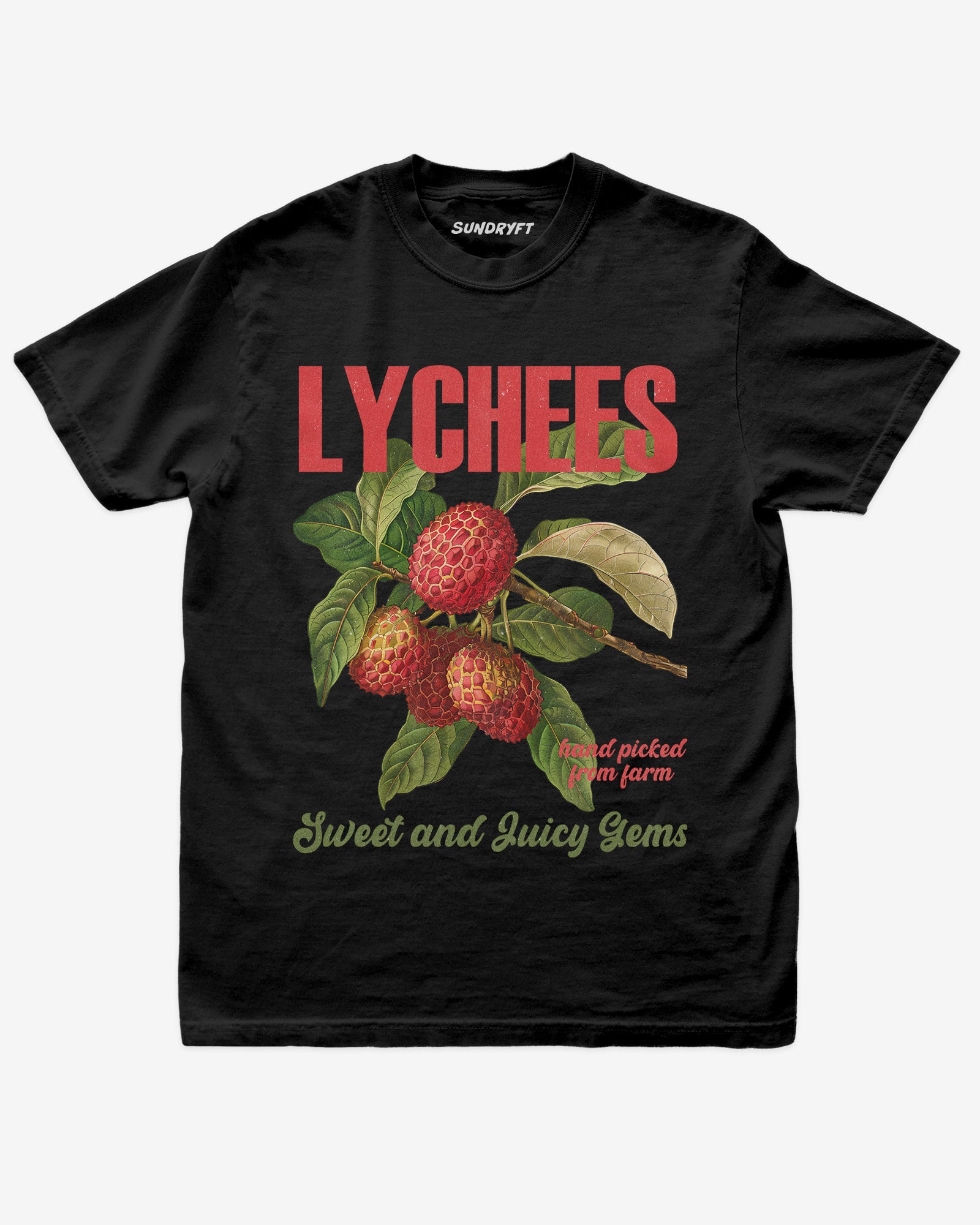 Flat lay of black Lychees Fruit Shirt, retro 90s vintage fruit graphic tee with sweet and juicy lychee design