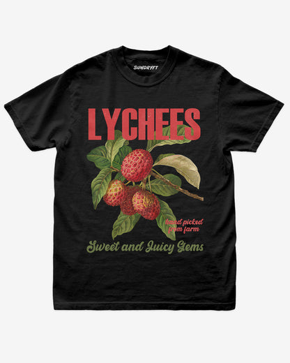 Flat lay of black Lychees Fruit Shirt, retro 90s vintage fruit graphic tee with sweet and juicy lychee design
