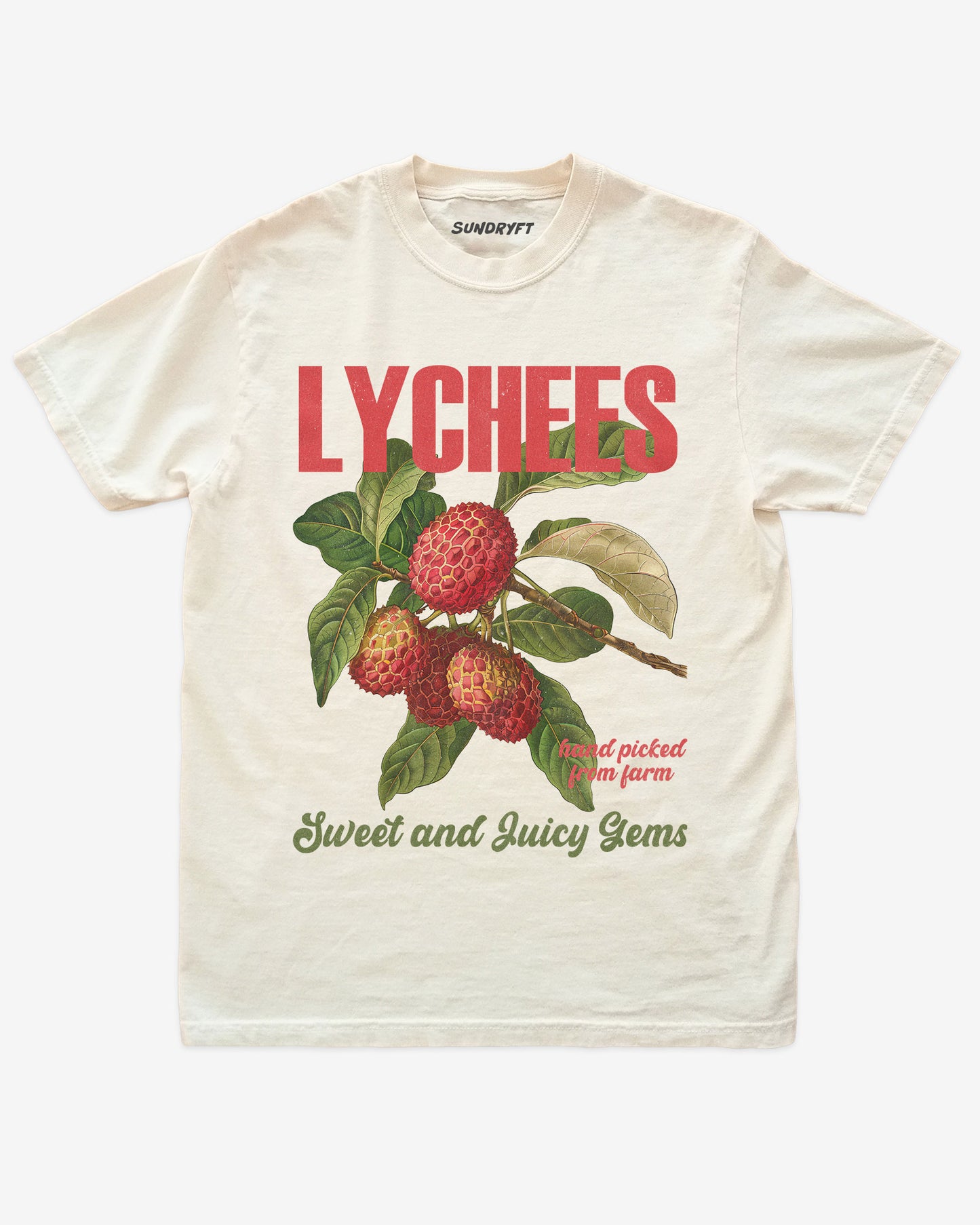 Flat lay of ivory Lychees Fruit Shirt, retro 90s vintage fruit graphic tee with sweet and juicy lychee design