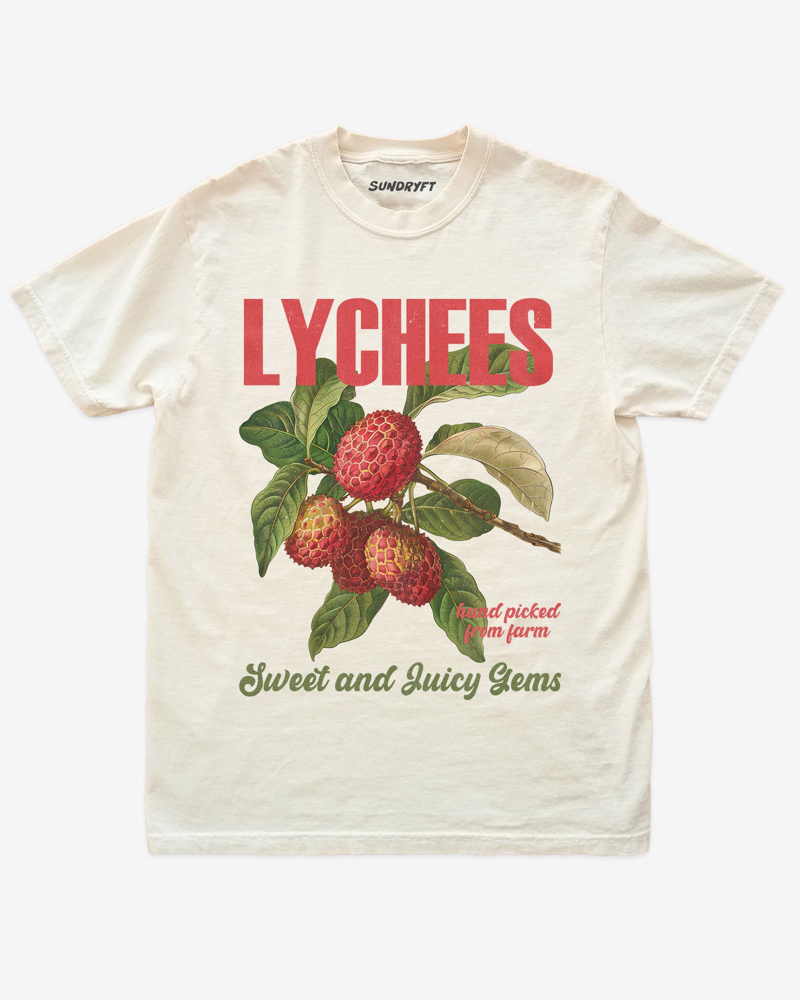 Flat lay of ivory Lychees Fruit Shirt, retro 90s vintage fruit graphic tee with sweet and juicy lychee design