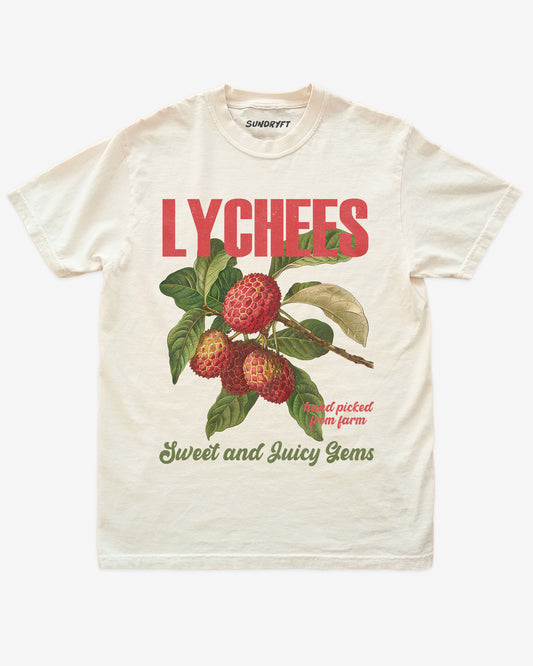 Flat lay of ivory Lychees Fruit Shirt, retro 90s vintage fruit graphic tee with sweet and juicy lychee design