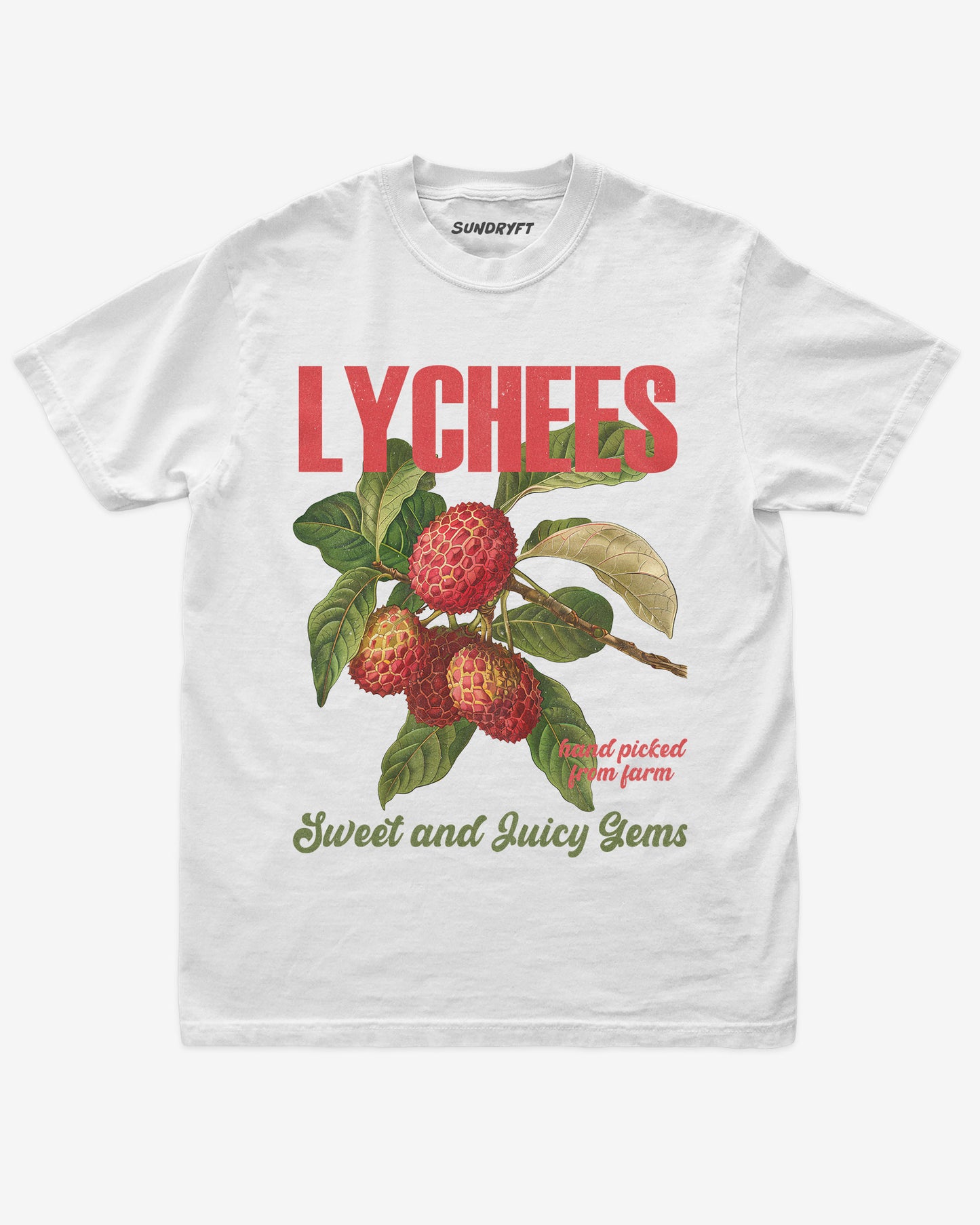 Flat lay of white Lychees Fruit Shirt, retro 90s vintage fruit graphic tee with sweet and juicy lychee design