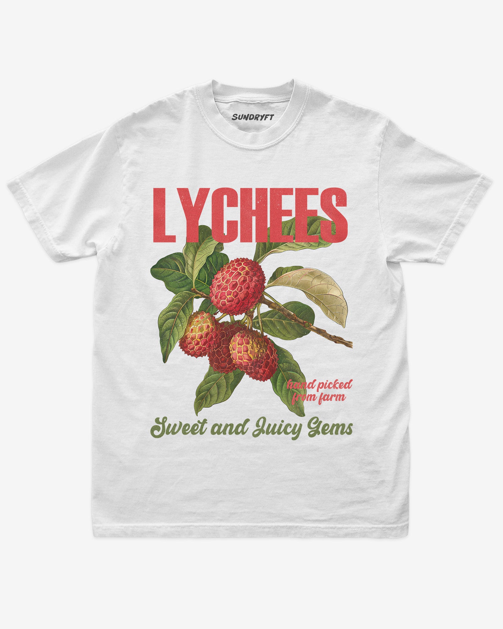 Flat lay of white Lychees Fruit Shirt, retro 90s vintage fruit graphic tee with sweet and juicy lychee design