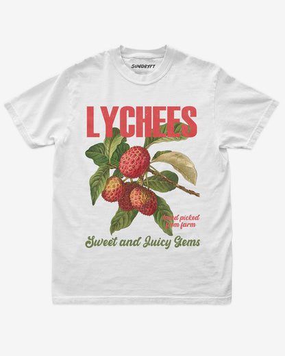 Flat lay of white Lychees Fruit Shirt, retro 90s vintage fruit graphic tee with sweet and juicy lychee design