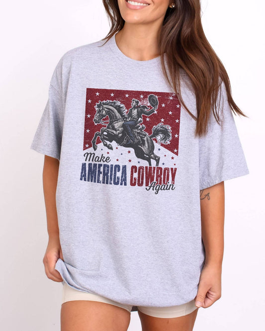 Model wearing sport gray color shirt with 'Make America Cowboy Again' graphic design