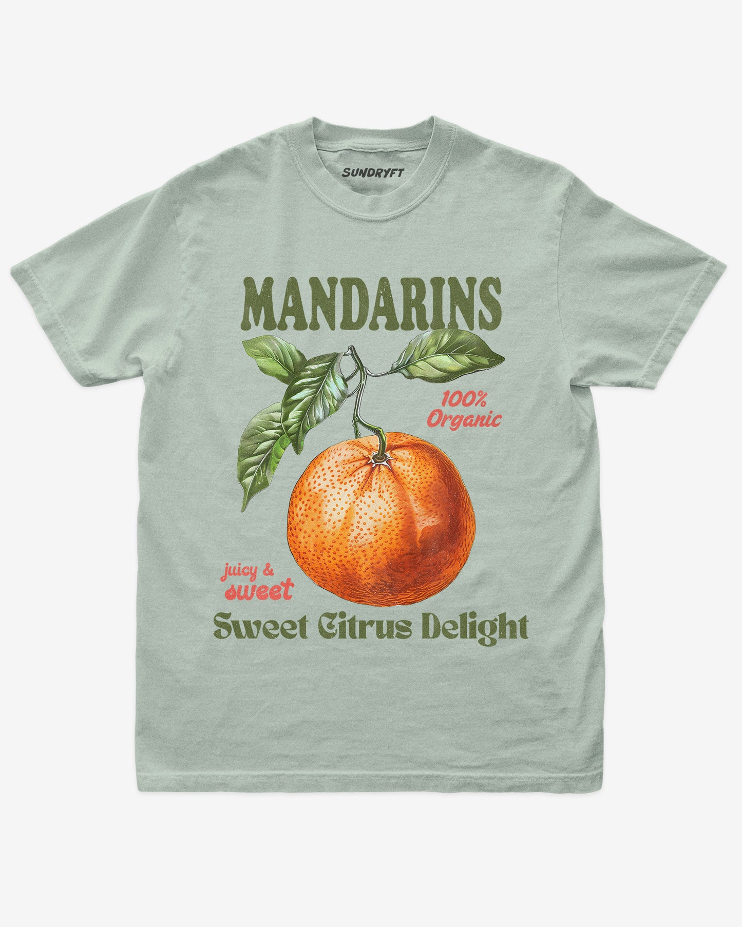 Mandarins Fruit Shirt flat lay in bay – retro 90s vintage mandarin orange graphic tee with relaxed unisex fit, soft cotton, and citrus fruit label design.