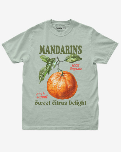 Mandarins Fruit Shirt flat lay in bay – retro 90s vintage mandarin orange graphic tee with relaxed unisex fit, soft cotton, and citrus fruit label design.