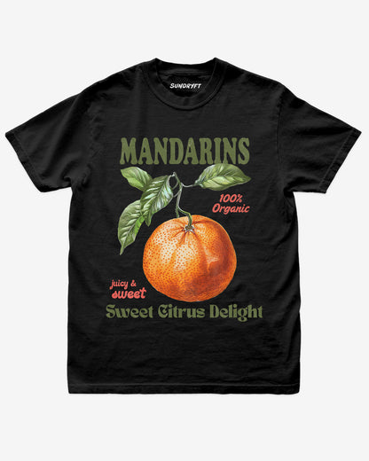 Mandarins Fruit Shirt flat lay in black – retro 90s vintage mandarin orange graphic tee with relaxed unisex fit, soft cotton, and citrus fruit label design.