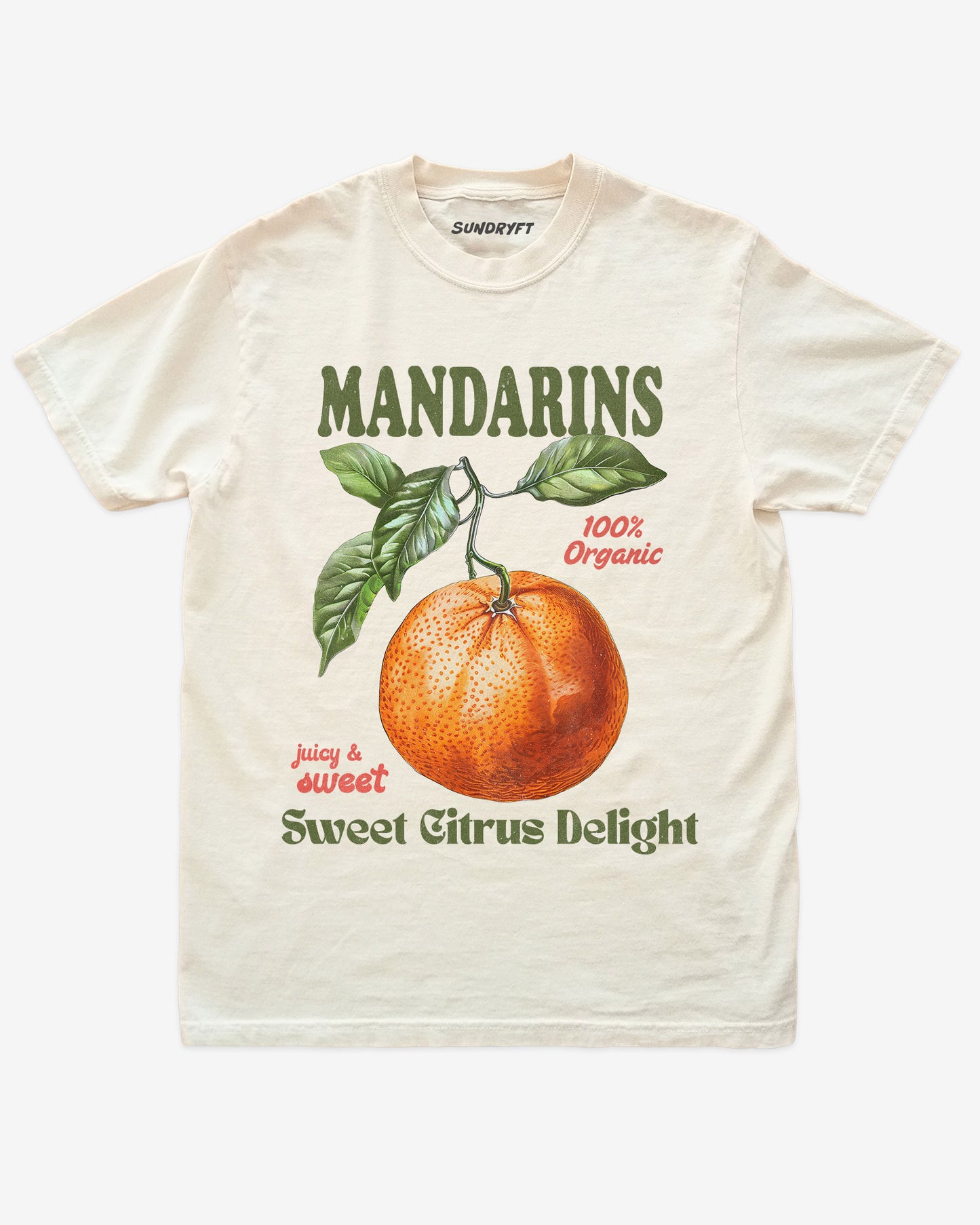 Mandarins Fruit Shirt flat lay in ivory – retro 90s vintage mandarin orange graphic tee with relaxed unisex fit, soft cotton, and citrus fruit label design.