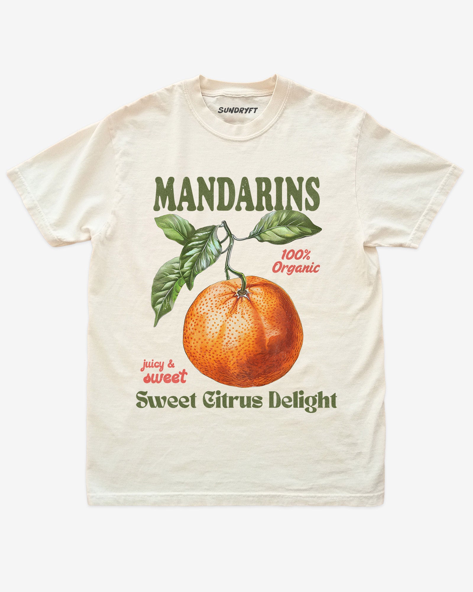 Mandarins Fruit Shirt flat lay in ivory – retro 90s vintage mandarin orange graphic tee with relaxed unisex fit, soft cotton, and citrus fruit label design.