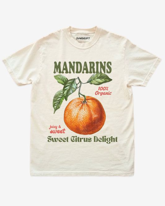 Mandarins Fruit Shirt flat lay in ivory – retro 90s vintage mandarin orange graphic tee with relaxed unisex fit, soft cotton, and citrus fruit label design.