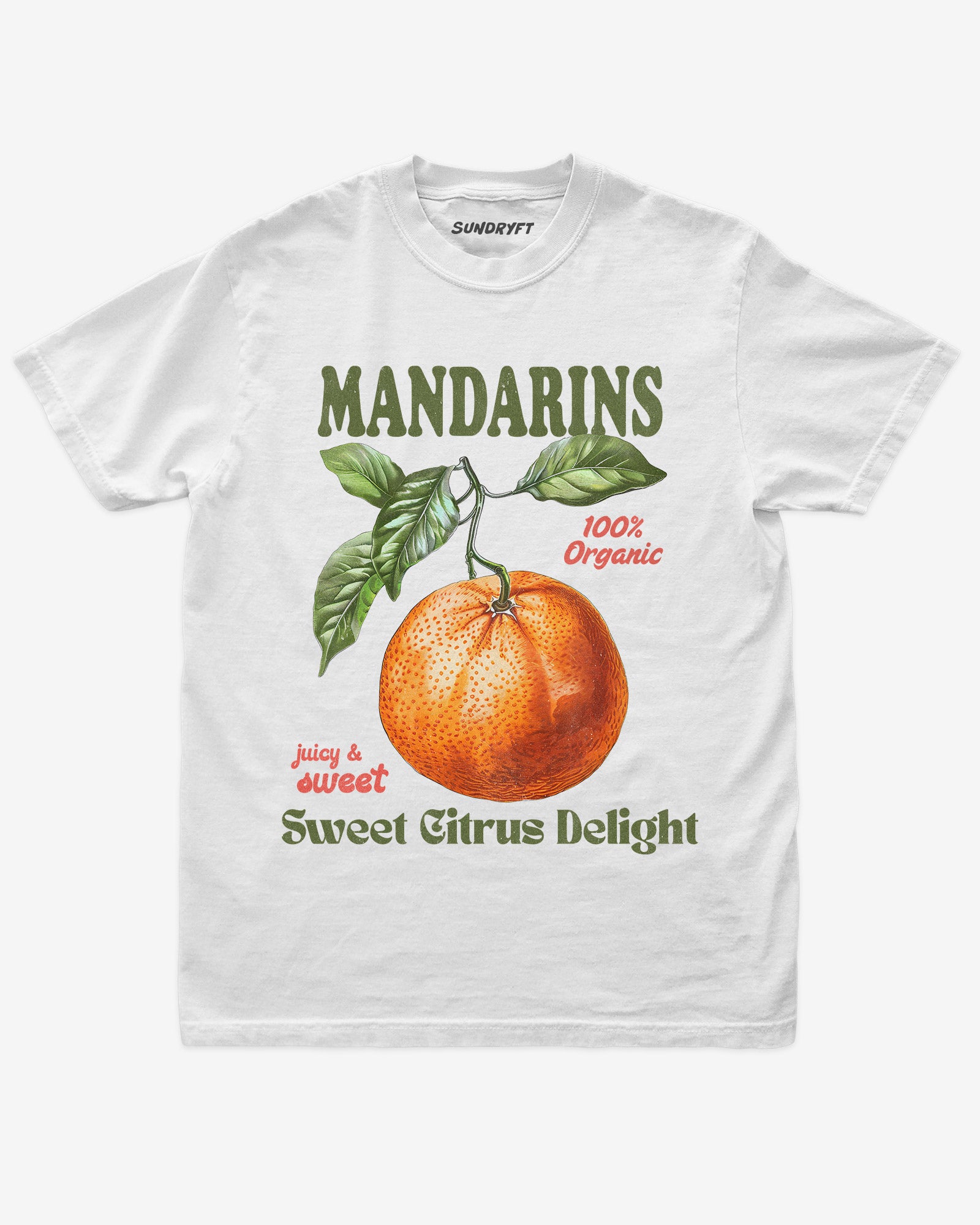 Mandarins Fruit Shirt flat lay in white – retro 90s vintage mandarin orange graphic tee with relaxed unisex fit, soft cotton, and citrus fruit label design.