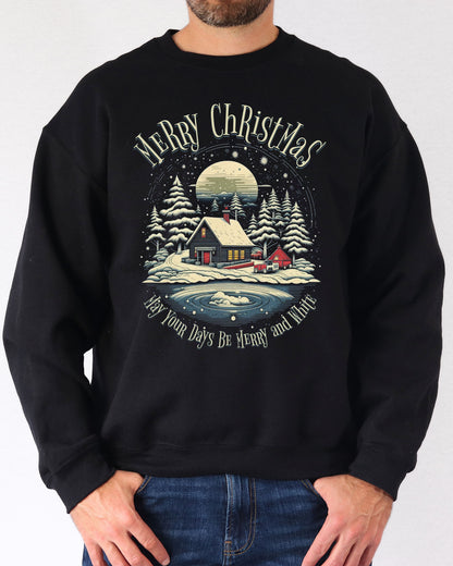 Model wearing black color sweatshirt with 'May Your Days Be Merry And Bright' Christmas graphic design