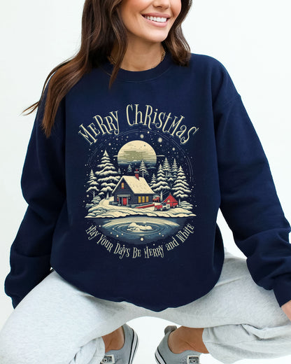 Model wearing navy color sweatshirt with 'May Your Days Be Merry And Bright' Christmas graphic design