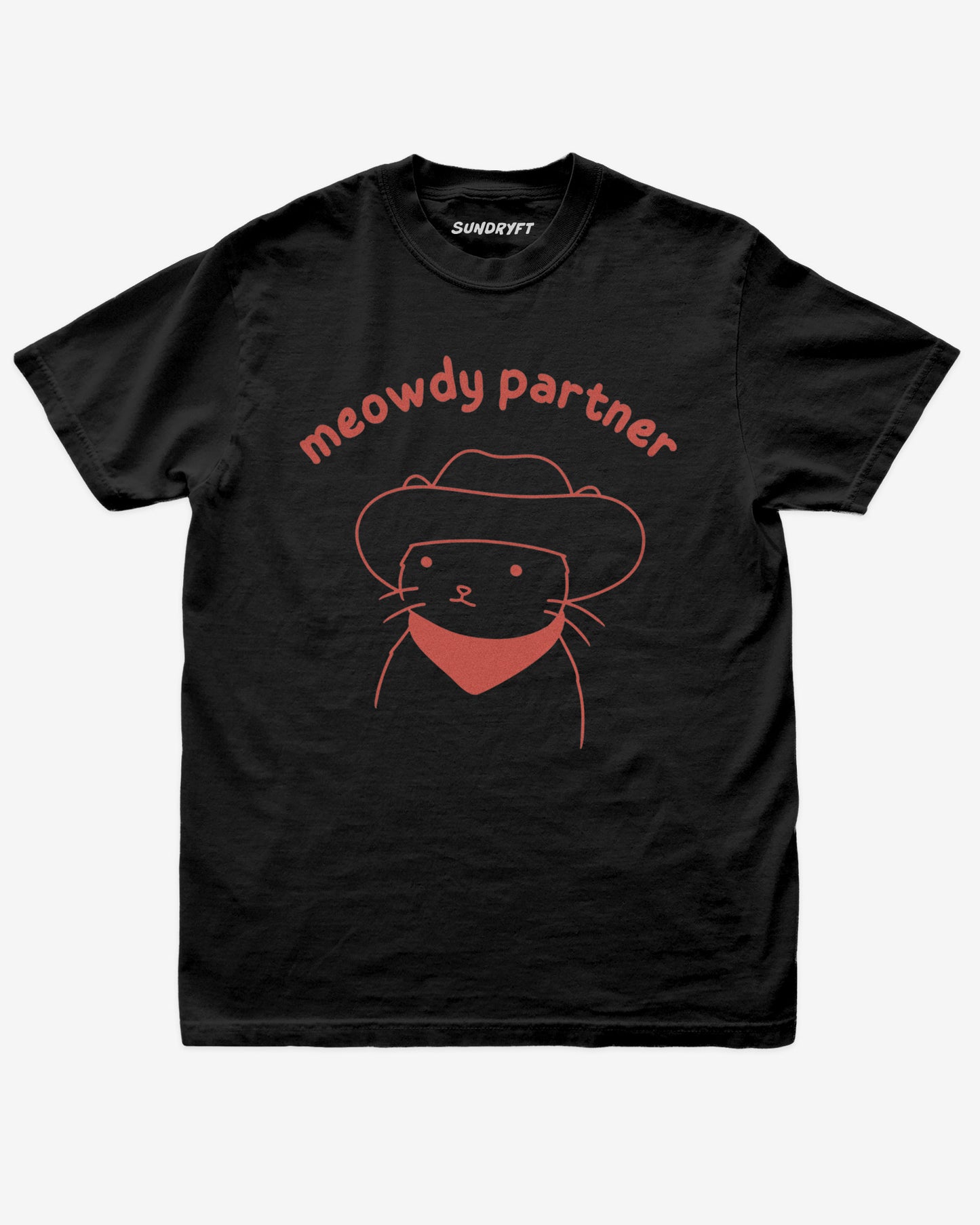 Meowdy Partner shirt in black with doodle graphic of cowboy cat